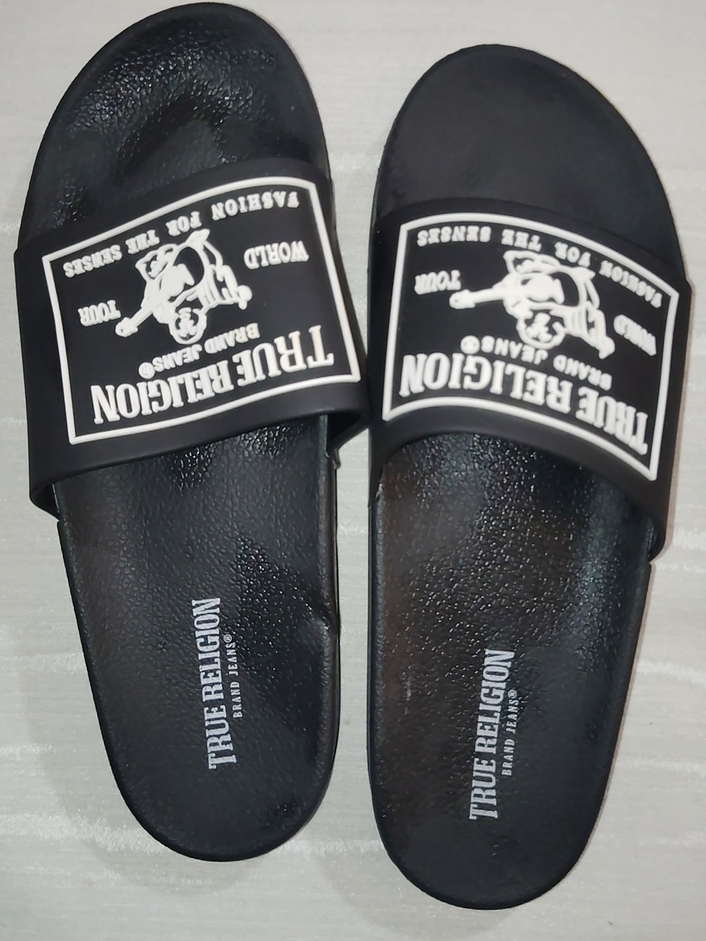 True Religion Black and White Logo Slide Sandals